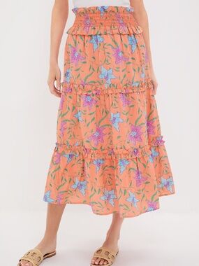 Hyacinth House X Tuckernuck Orange Multi Floral Smocked Odette Midi Skirt - M